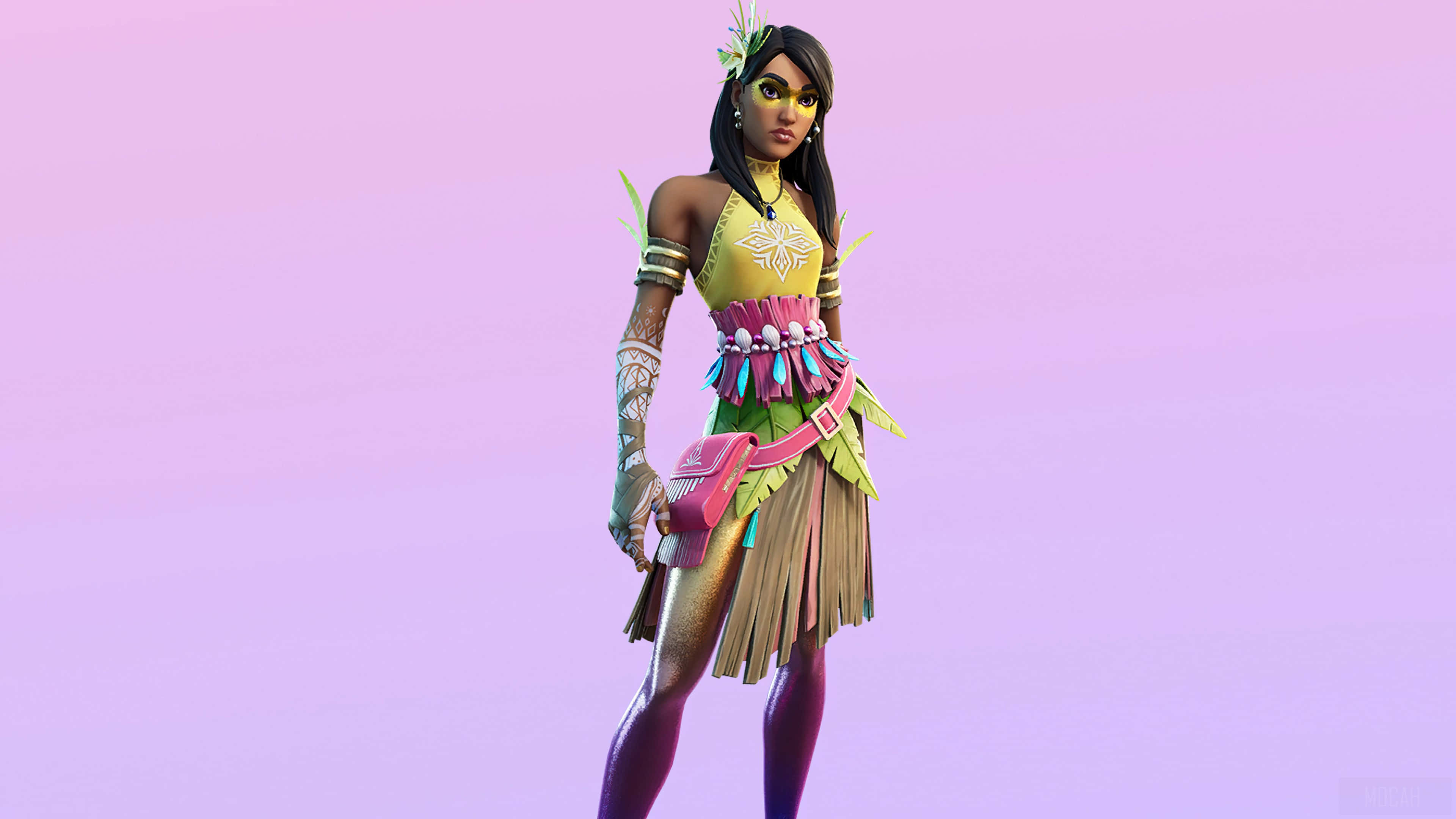 穿上最新Fortnite皮膚Ruby，提升你的風格 壁紙 — 一個充滿活力的Fortnite角色穿著色彩繽紛的部落服裝，站在柔和的粉紅色和紫色漸變背景前。