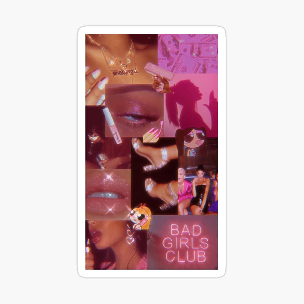 一幅粉紅色拼貼畫，以嘴唇、指甲和霓虹燈牌來慶祝壞女孩美學。 — Baddie 美學 壁紙