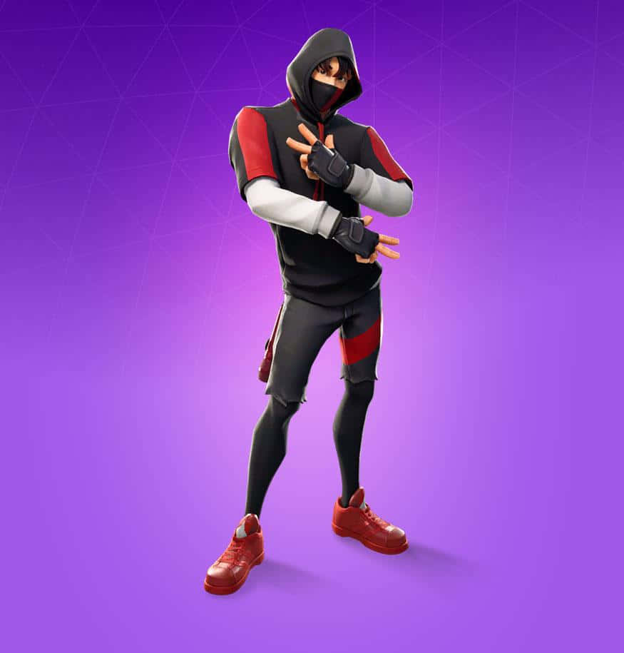 Fortnite 角色身穿黑、紅、白服裝在紫色背景前擺姿勢