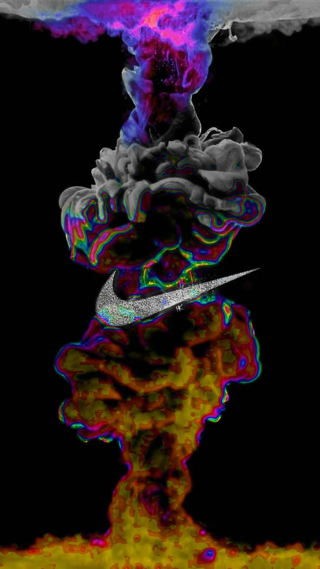 霓虹煙霧爆炸在黑色背景上形成閃閃發光的Nike勾勾。
