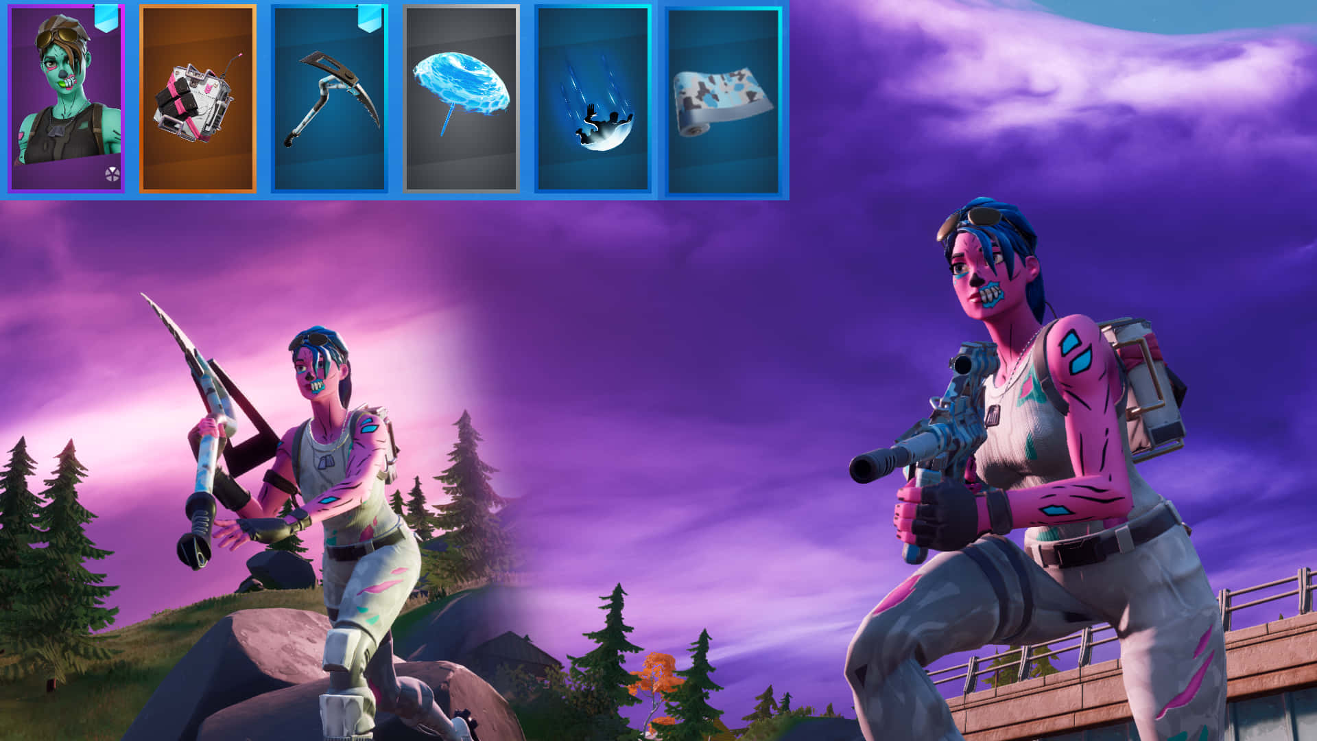 兩個Fortnite角色在紫色天空下的山坡上蹲伏，上方顯示遊戲物品。