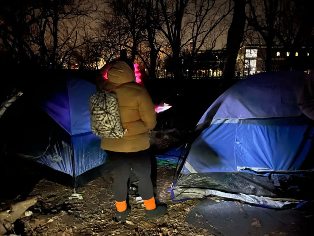 夜晚在陰暗的公園裡，一個人站在兩個藍色帳篷之間。