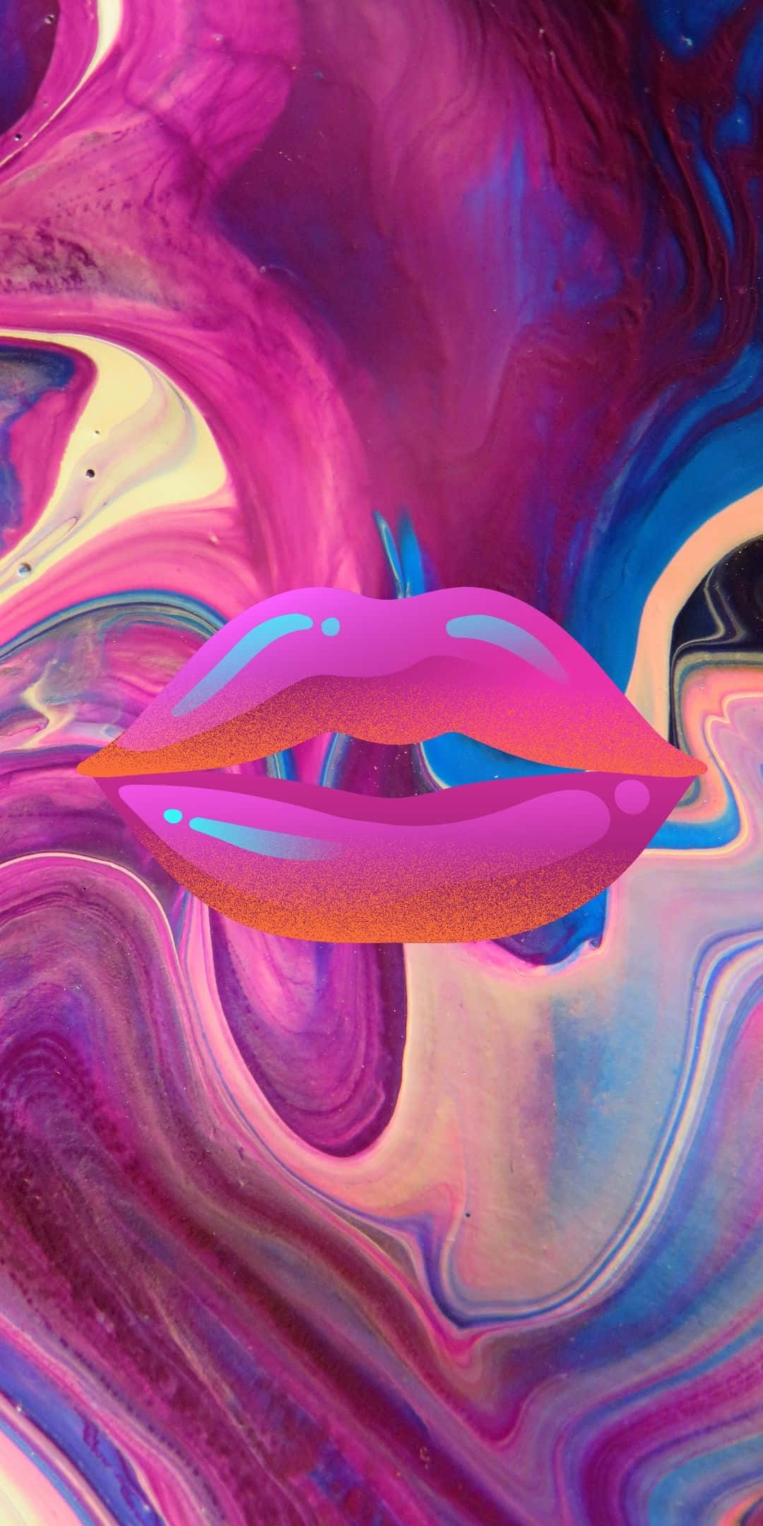 穿出酷感風格 壁紙 — 鮮豔的數位嘴唇在旋轉的宇宙星雲中發光，呈現洋紅色、藍色和金色。