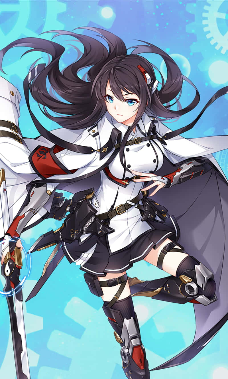 穿著未來風格服裝的動漫女孩，在齒輪背景中手持發光劍