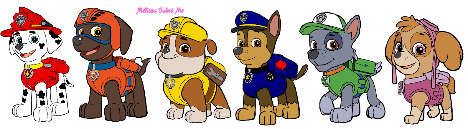 穿制服的動畫幼犬 壁紙 — 六隻色彩繽紛的Paw Patrol小狗穿著標誌性的救援裝備，在黑色背景前開心地排成一排。