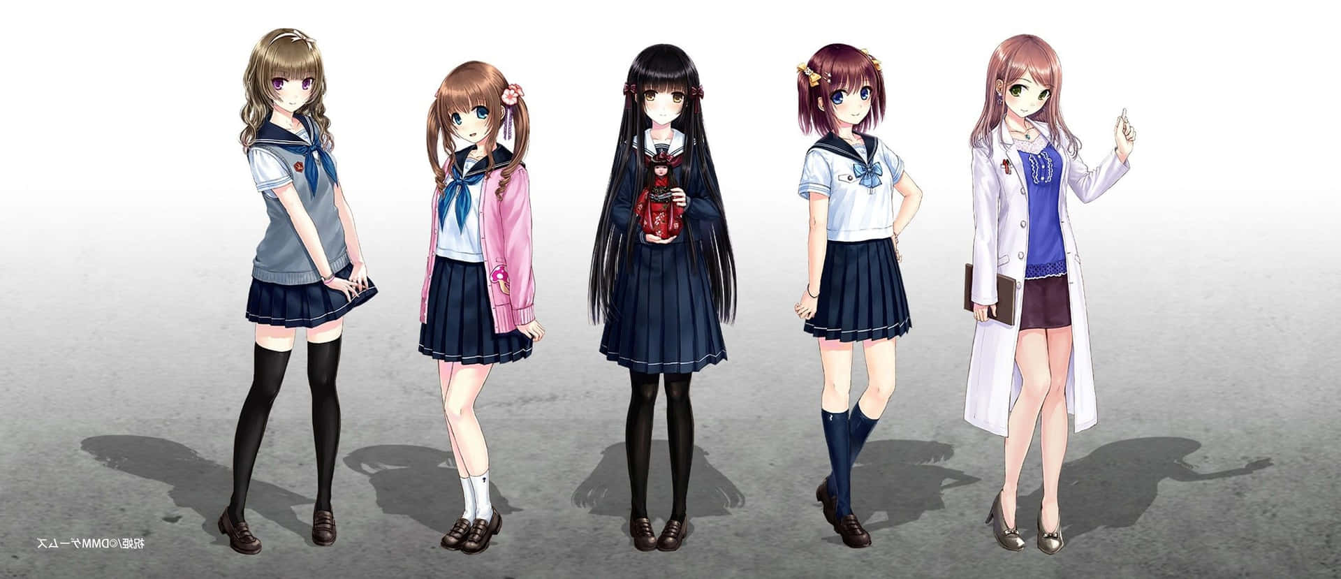 穿各式校服的動漫女孩 壁紙 — 五個動漫女學生穿著校服，在純灰色地板上排成一排，投下柔和的陰影。