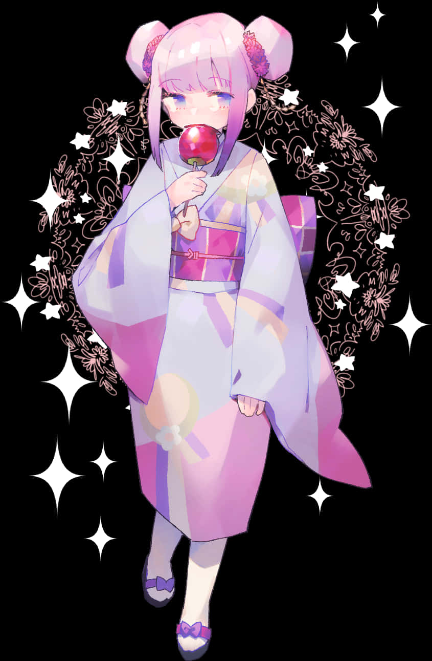 穿和服手持棒棒糖的動畫角色 壁紙 — 一個粉紅色頭髮的動漫女孩穿著紫色和服，在黑色背景上拿著紅色棒棒糖，背景有閃爍的星星和花卉圖案。