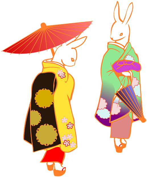 穿和服的兔子情侶 壁紙 — 兩隻風格化的兔子穿著色彩繽紛的和服，撐著傘，站在黑色背景前。