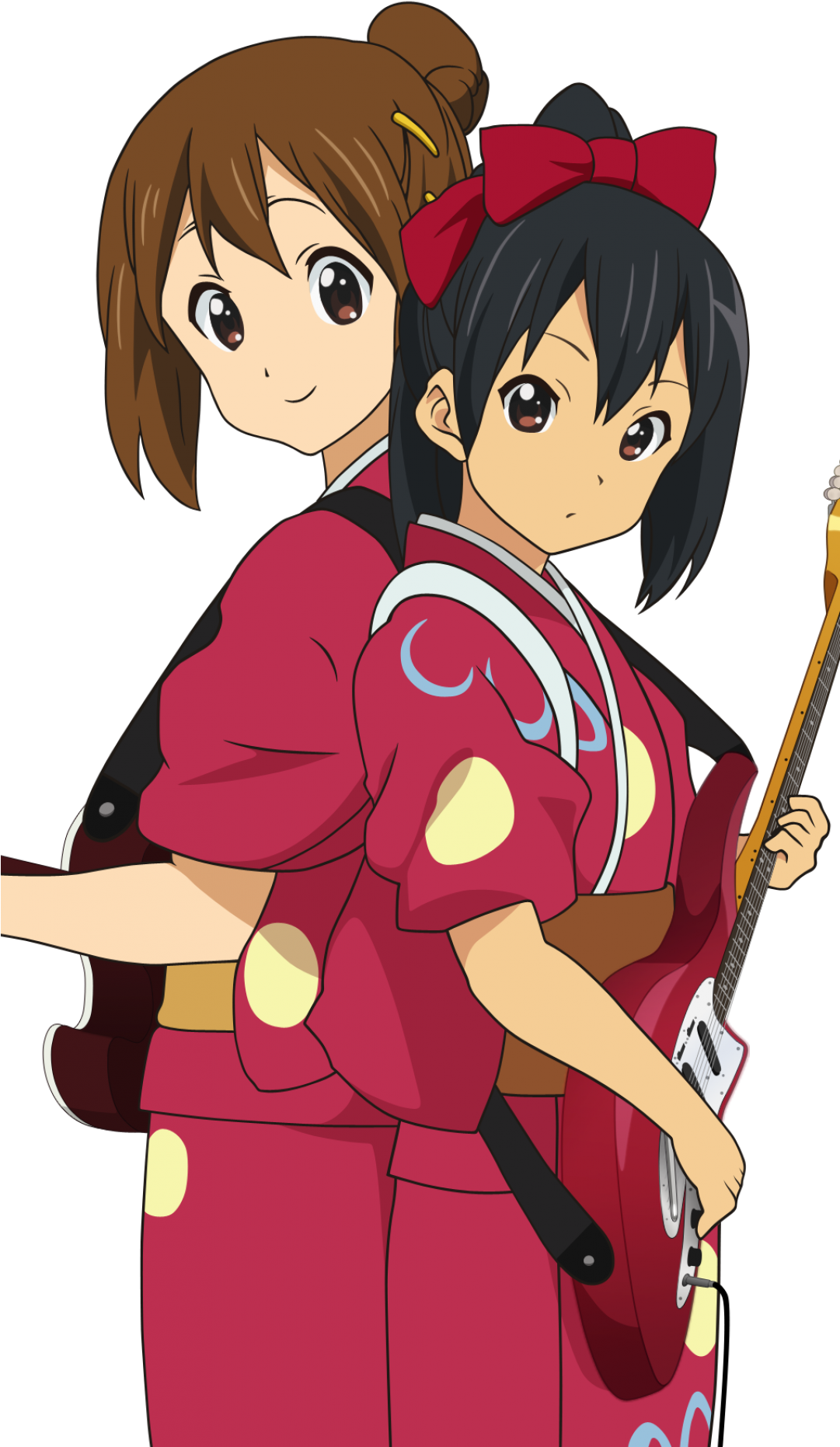 穿和服的動畫女孩彈吉他 壁紙 — 兩位身穿紅色圓點和服的動漫女孩在黑色背景前擺姿勢，手持電結他。