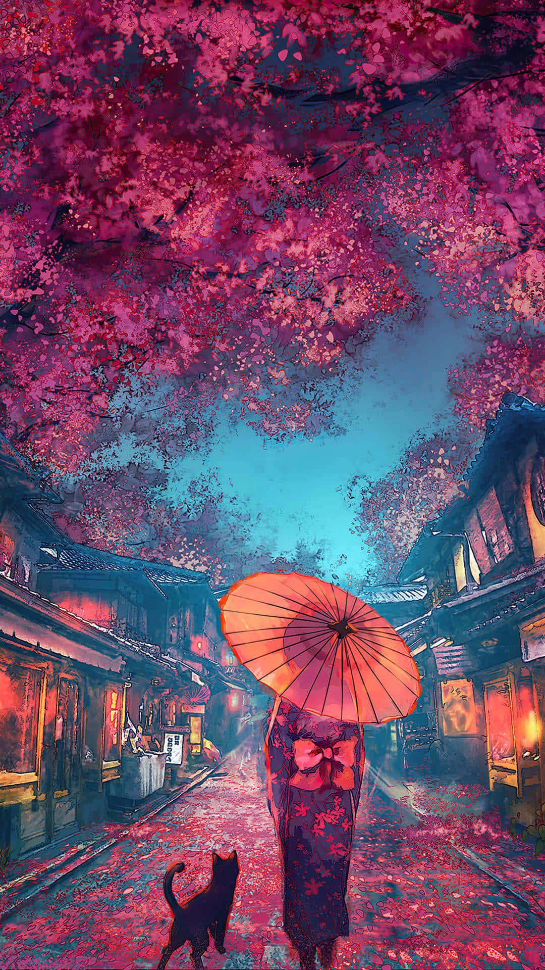 在黃昏的日本街道上，一個人撐著橙色雨傘，帶著黑貓，走在粉紅色櫻花下。