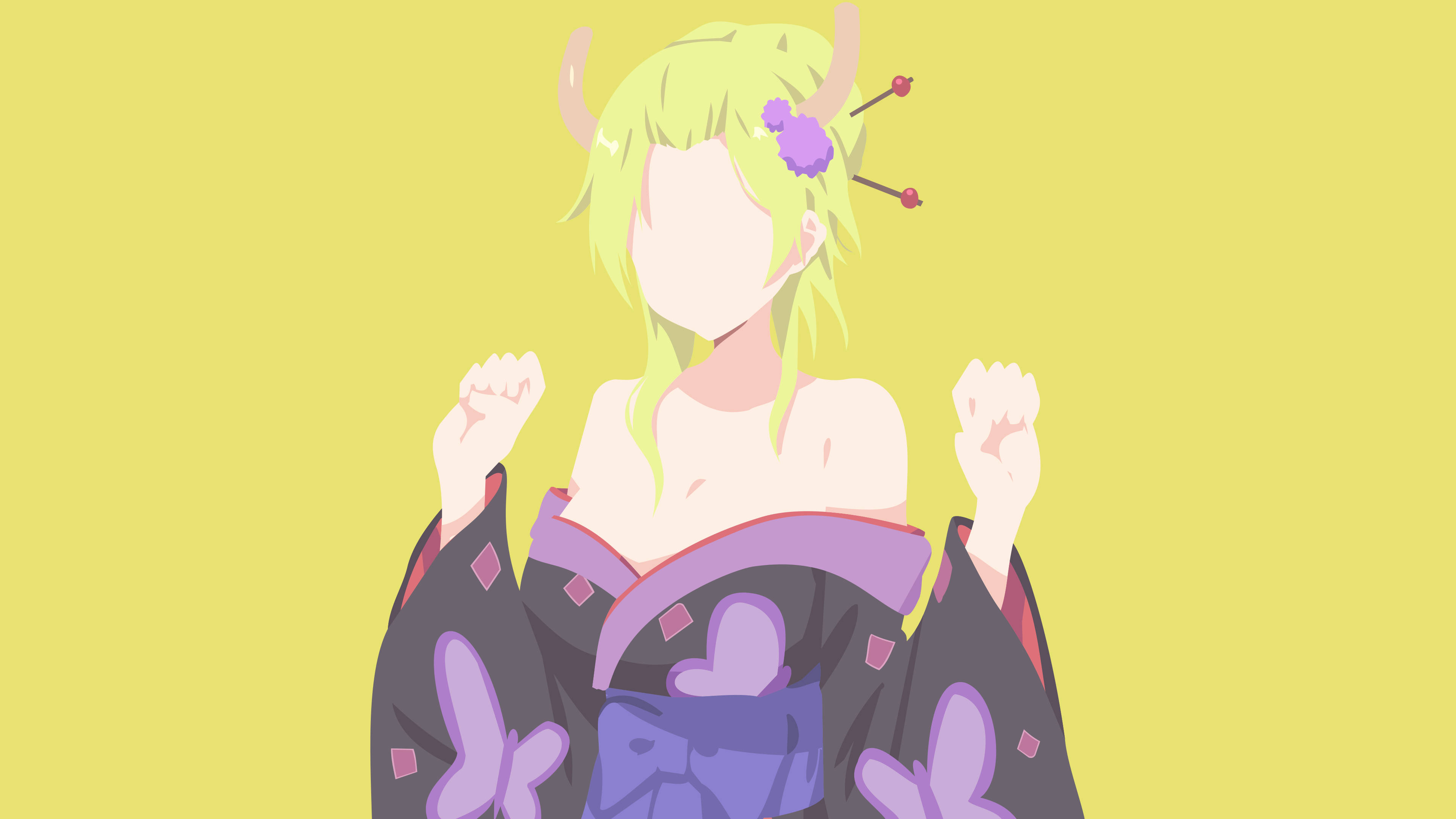 穿和服的極簡露可亞 壁紙 — 綠髮有角的動漫女孩在黃色背景前穿著紫色和服。