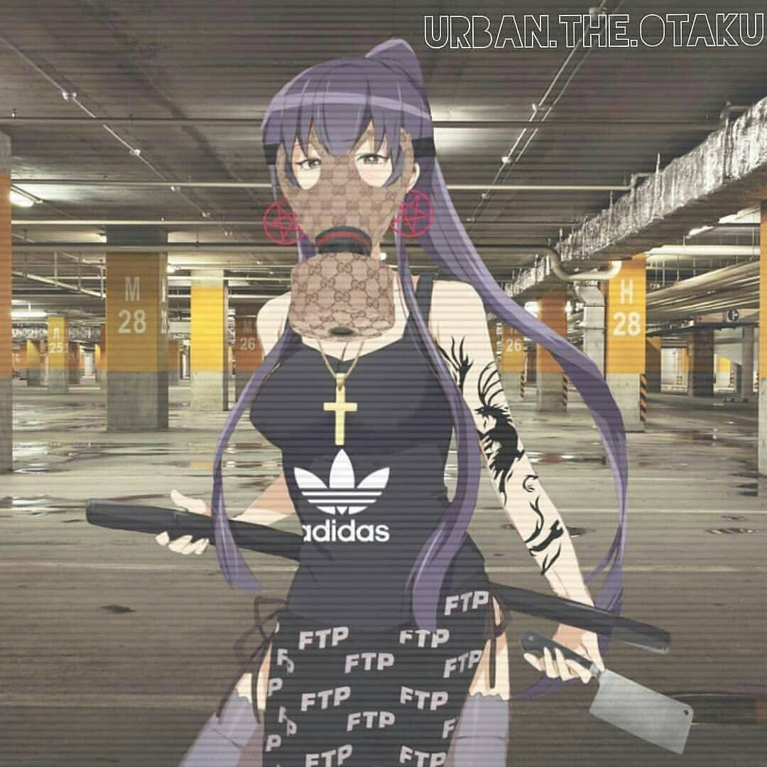 戴防毒面具的動漫女孩在停車場手持切肉刀和球棒。