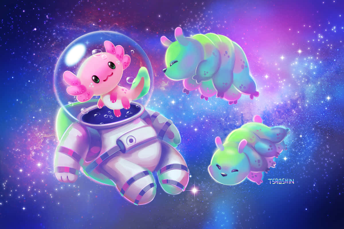 可愛的蠑螈太空人與外星蠕蟲在多彩的太空漂浮。