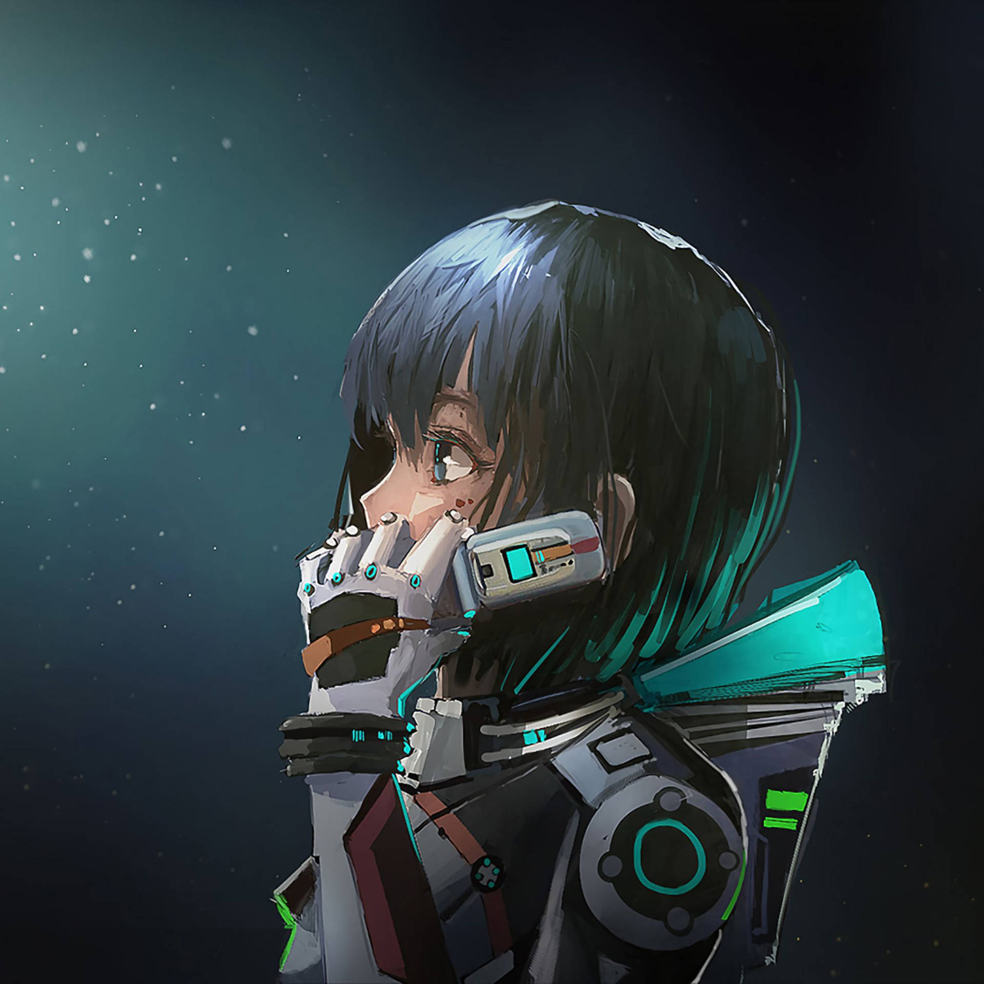 穿著太空盔甲的動漫女孩向上看，身後有星星。