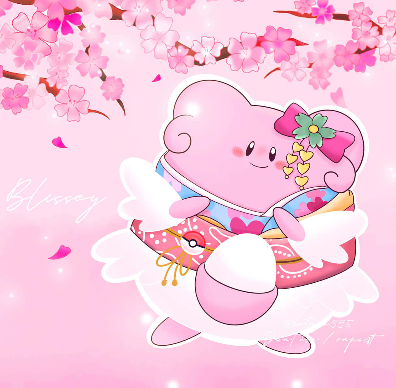 可愛的粉紅色動漫吉利蛋穿著花卉和服在櫻花下漂浮。