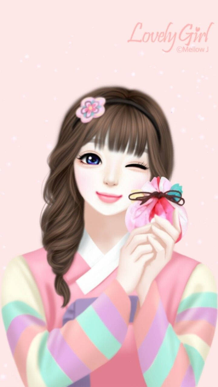 動漫女孩穿著彩色韓服拿著粉紅色的花眨眼
