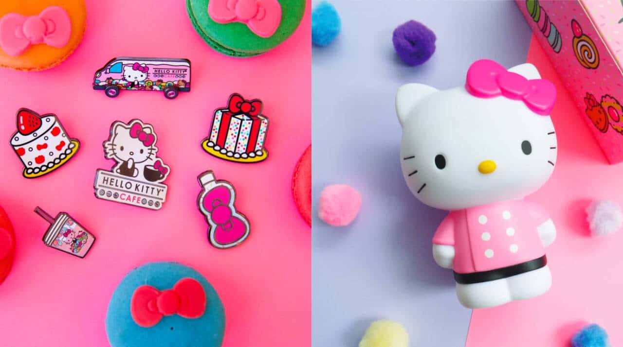 穿彩色粉紅裙子的可愛Hello Kitty！ 壁紙 — 一個充滿活力的粉紅色表面上展示了Hello Kitty主題的別針和一個毛絨玩具，周圍環繞著色彩繽紛的絨球。