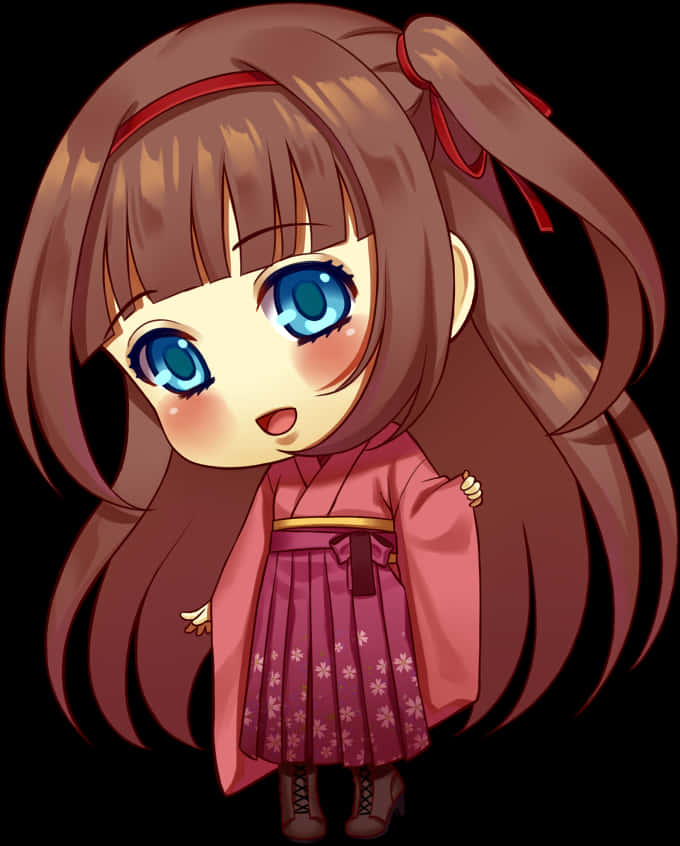 穿日本傳統服裝的Q版女孩 壁紙 — 一個棕色頭髮藍色眼睛的Q版動漫女孩，穿著帶有花卉圖案的粉紅色和服，背景為黑色。