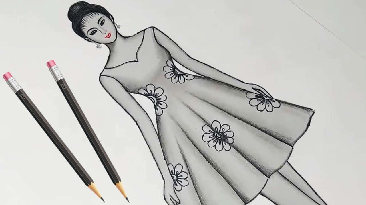 穿著花卉連衣裙的女性的時尚插圖，附近有鉛筆。
