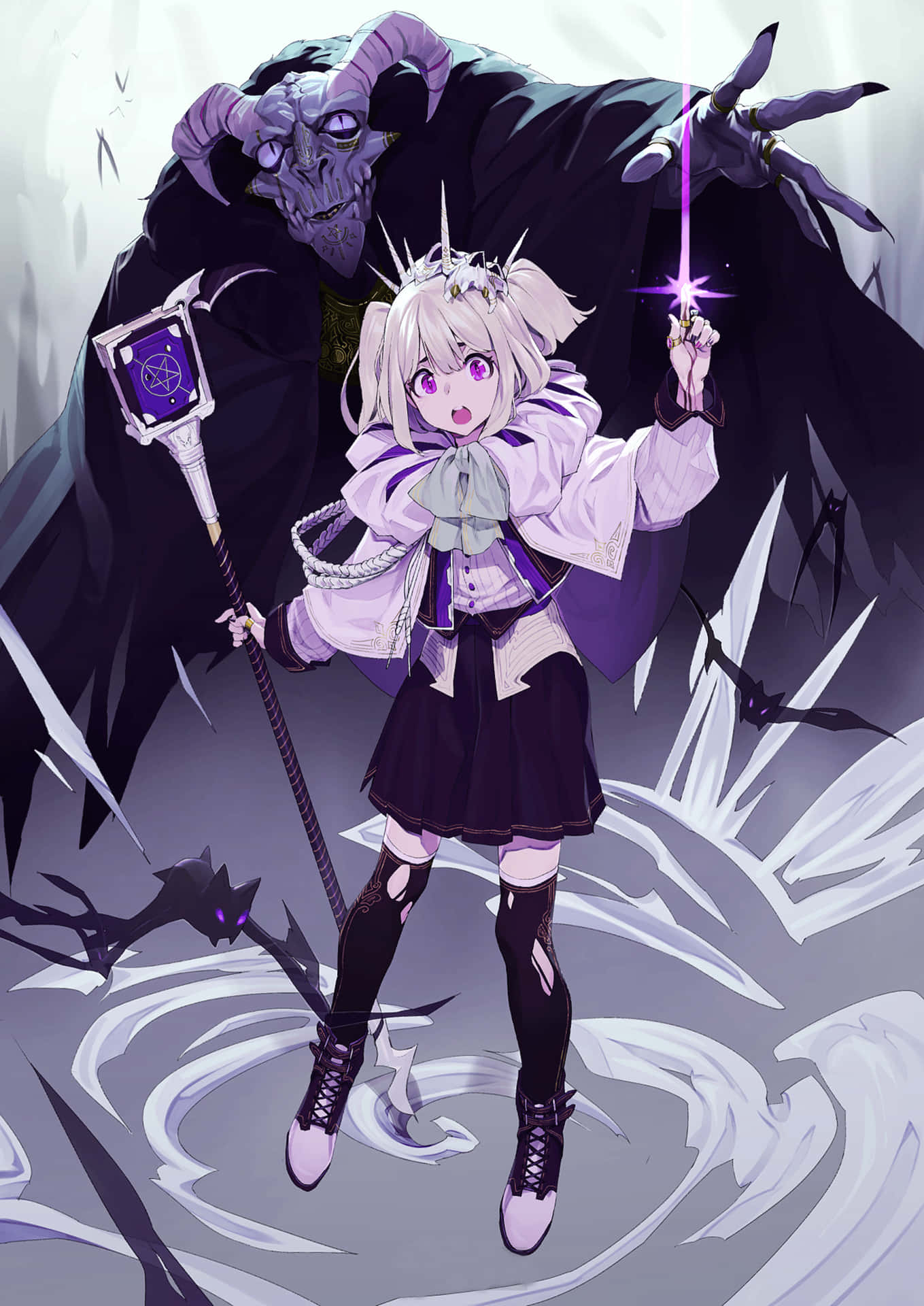 穿著校服的動畫女孩對惡魔般的身影施放魔法。