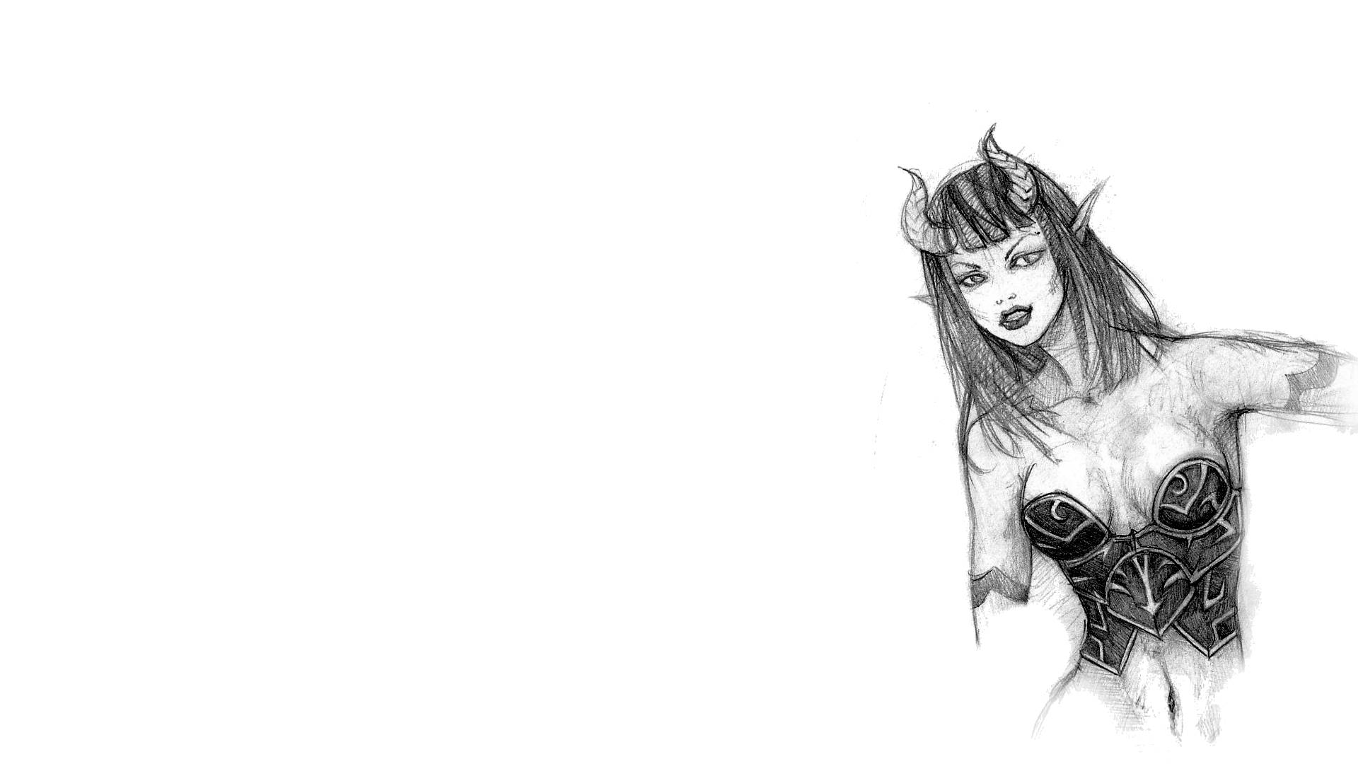 穿束腰的性感魅魔素描 壁紙 — 一個引人注目的黑白素描，描繪一個帶有角和華麗盔甲的惡魔女性形象，自信地擺姿勢。