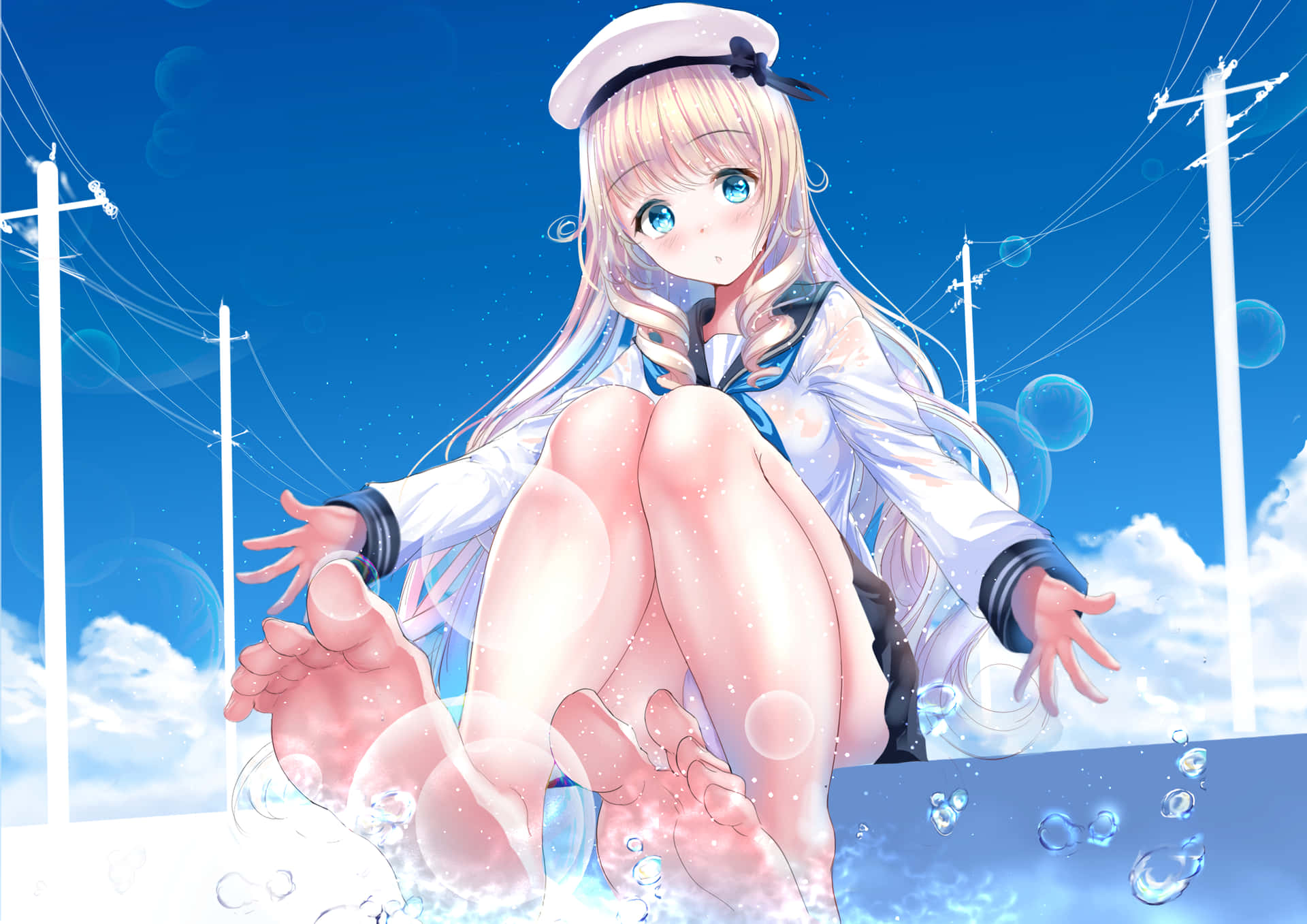 動漫女孩穿著水手服，赤腳坐在水中，氣泡漂浮。