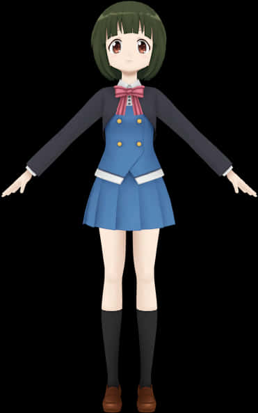 穿校服的動漫少女 壁紙 — 動漫女孩穿著藍色校服配紅色蝴蝶結，在黑色背景前張開雙臂站立。