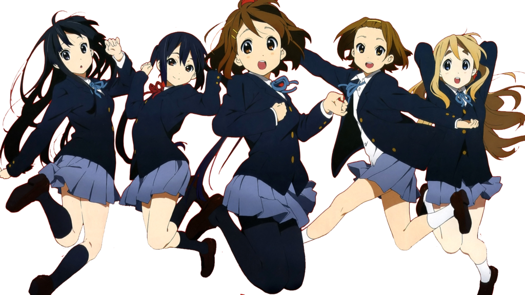 穿校服的女學生跳躍 壁紙 — 五個動漫女仔穿著校服，喺黑色背景同紅色動作線前面開心咁跳起。