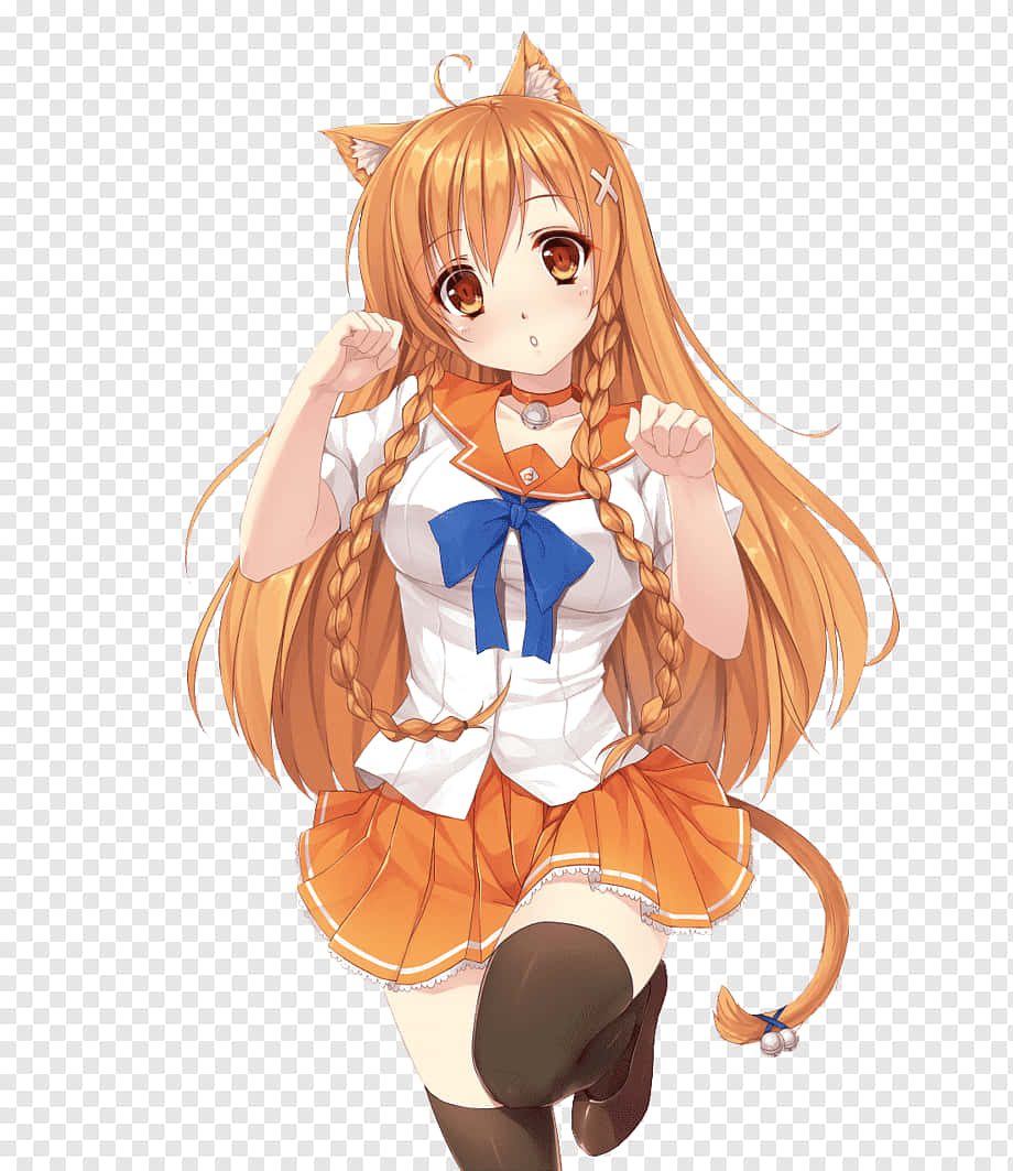 穿著水手服的動漫貓娘，橙色頭髮和藍色蝴蝶結，開心地擺姿勢。
