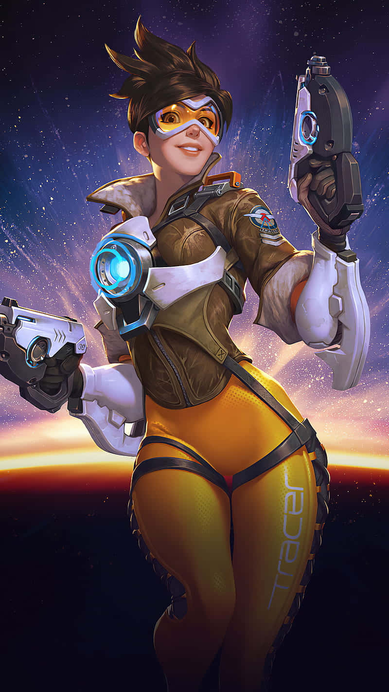 遊戲英雄 Tracer 穿著未來裝備，在宇宙行星地平線前手持兩把手槍。