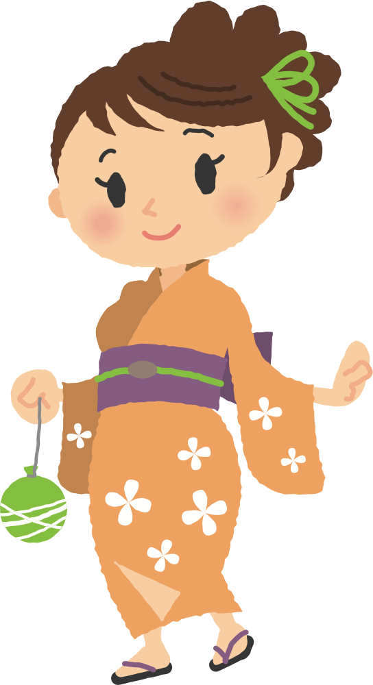 穿橙色和服的動畫兒童 壁紙 — 一個穿著橙色和服、帶有白色花朵的開朗卡通女孩，手持綠色燈籠，笑容燦爛。