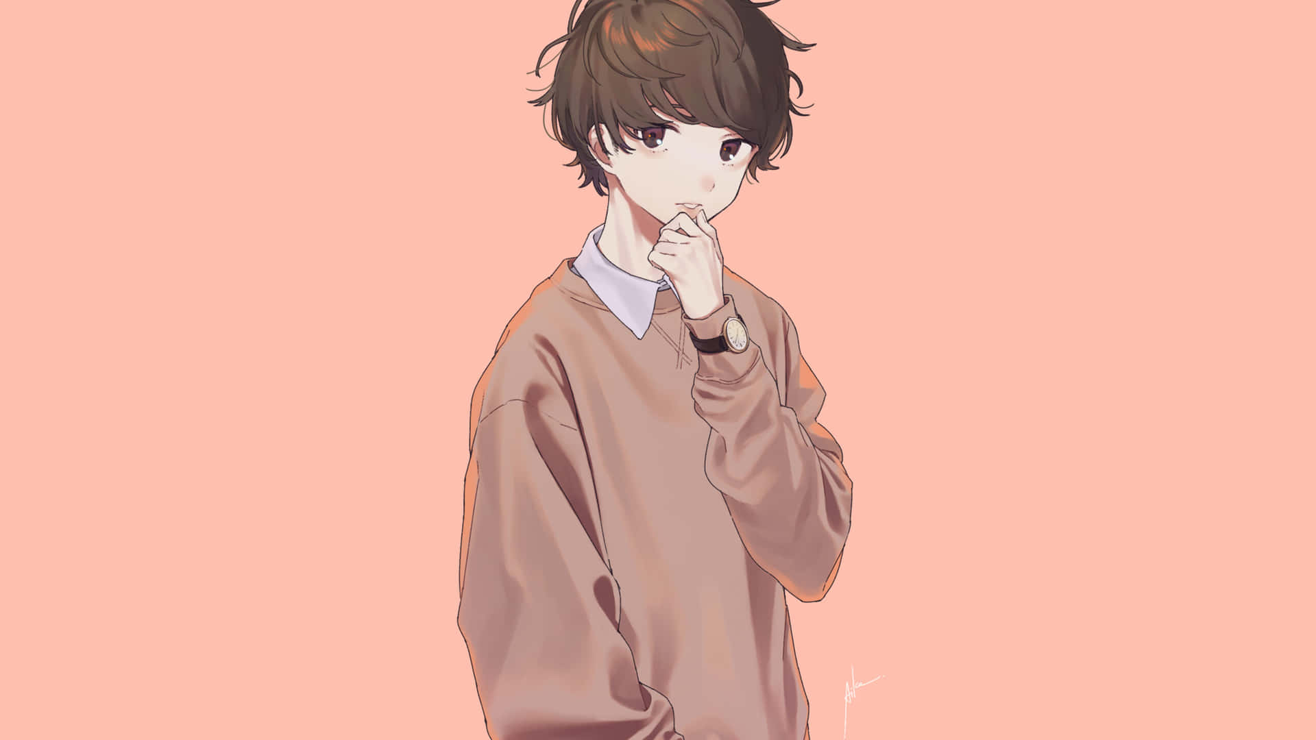 穿棕色毛衣的動漫男孩在蜜桃色背景上托腮思考