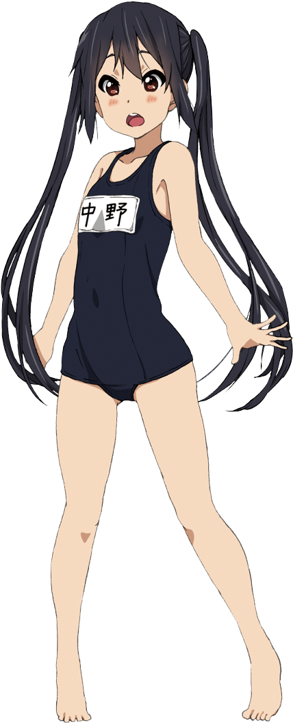 穿泳裝的動漫女孩 壁紙 — 長黑雙馬尾的動漫女孩，身穿深藍色泳衣，胸前有白色漢字，站在黑色背景前。