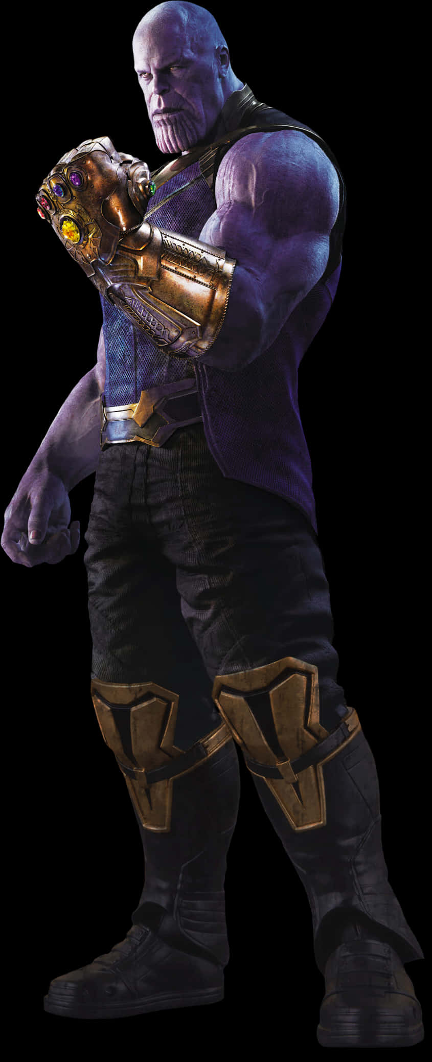 穿無限手套的薩諾斯 壁紙 — 一個肌肉發達、紫色皮膚的Thanos，戴著金色手套和盔甲，站在黑色背景前，氣勢洶洶。