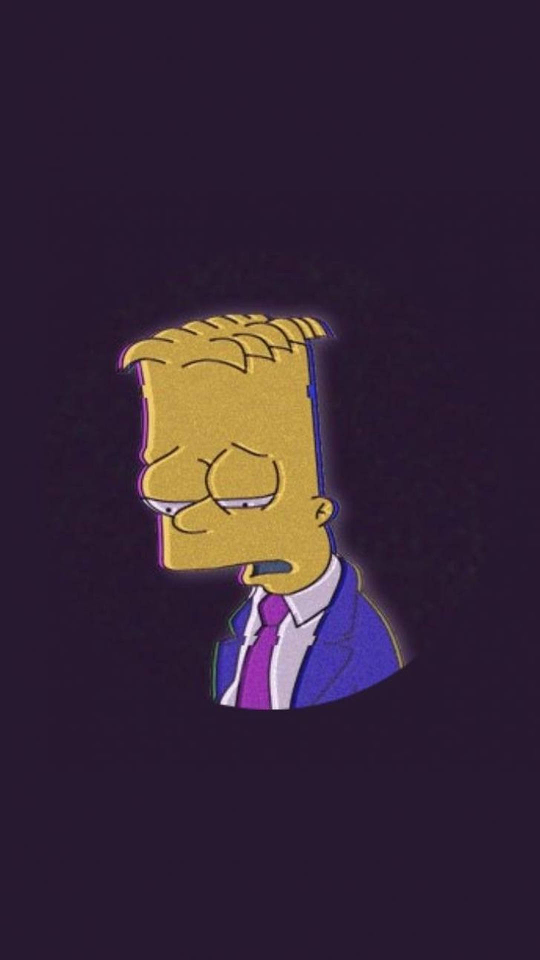 身穿西裝的巴特·辛普森在深紫色背景上顯得很疲倦。