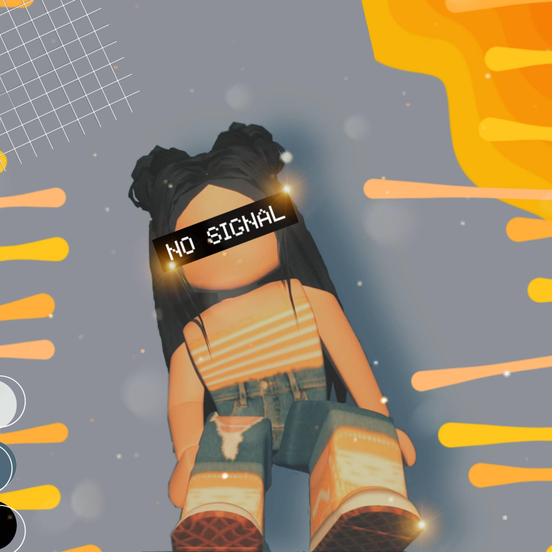 Roblox頭像，眼睛上有「NO SIGNAL」，背景為抽象橙色和藍色。