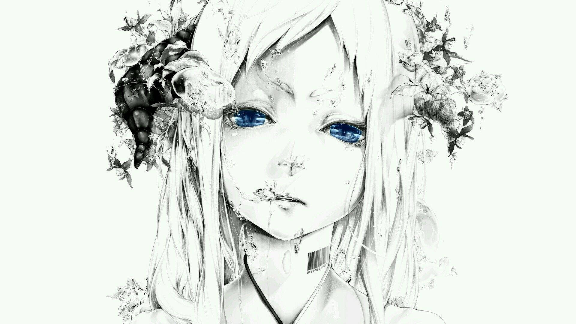 藍眼睛的動漫女孩，帶有黑白水彩風格的花卉裝飾。