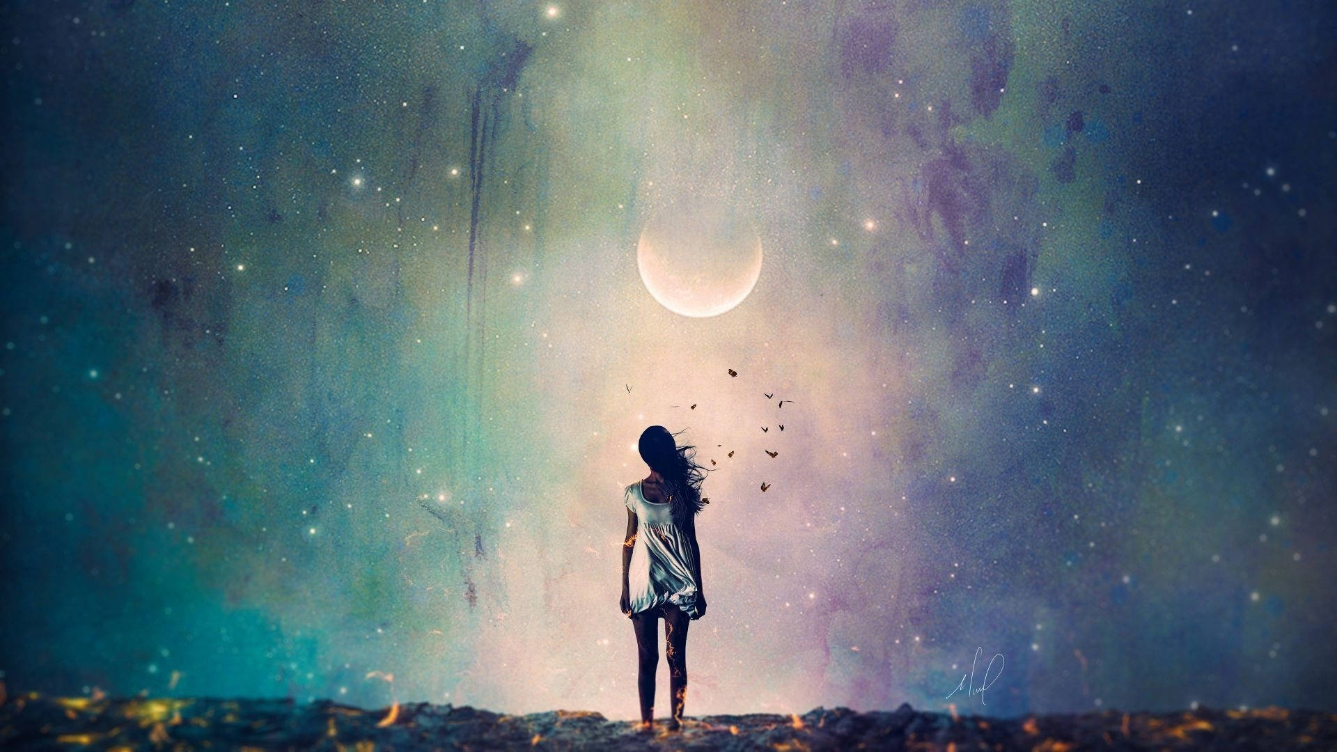 一個女人獨自站在新月下，鳥兒從她的肩膀飛向星空。