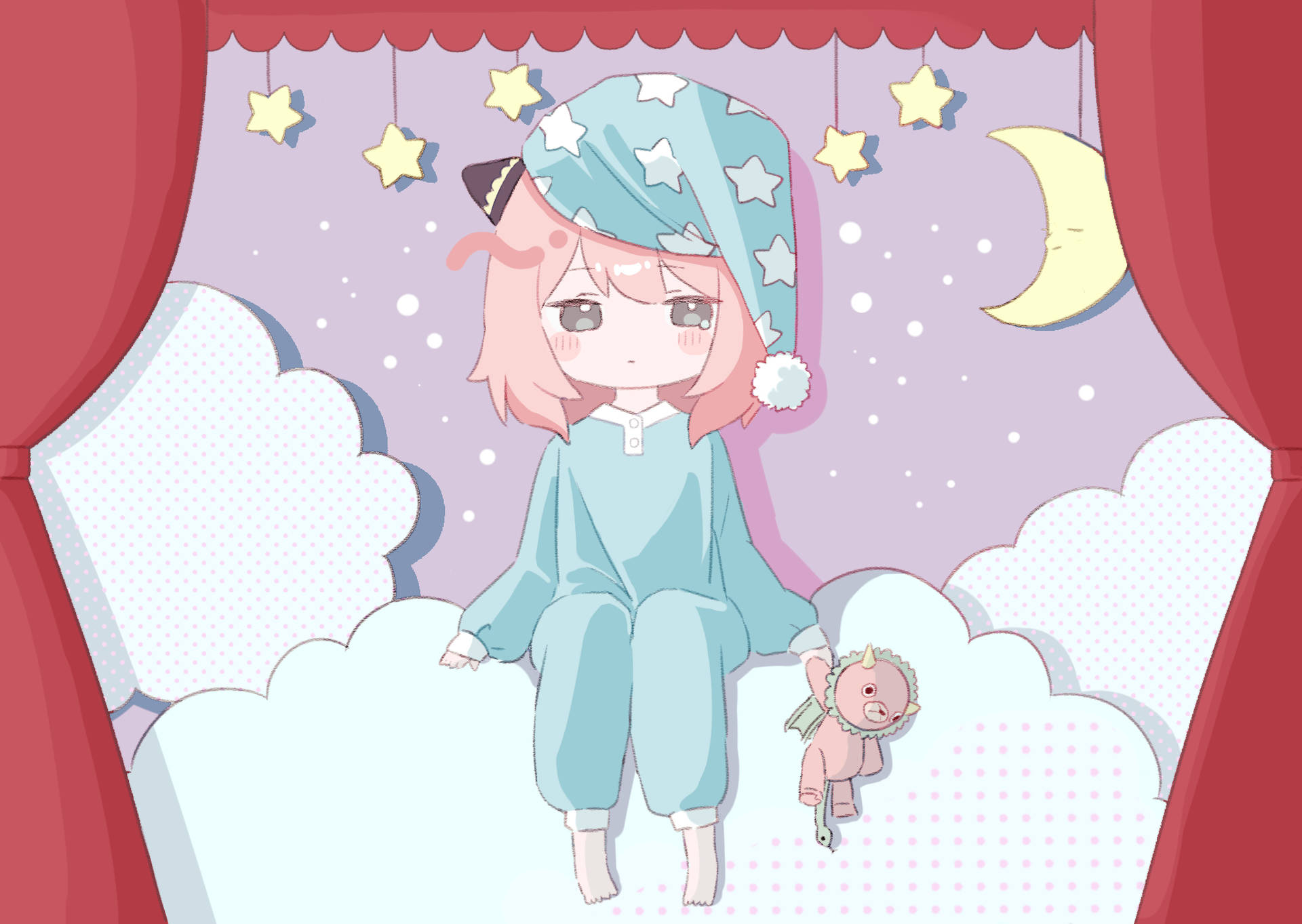 動漫女孩穿著睡衣在雲上抱著娃娃，背景有月亮和星星。