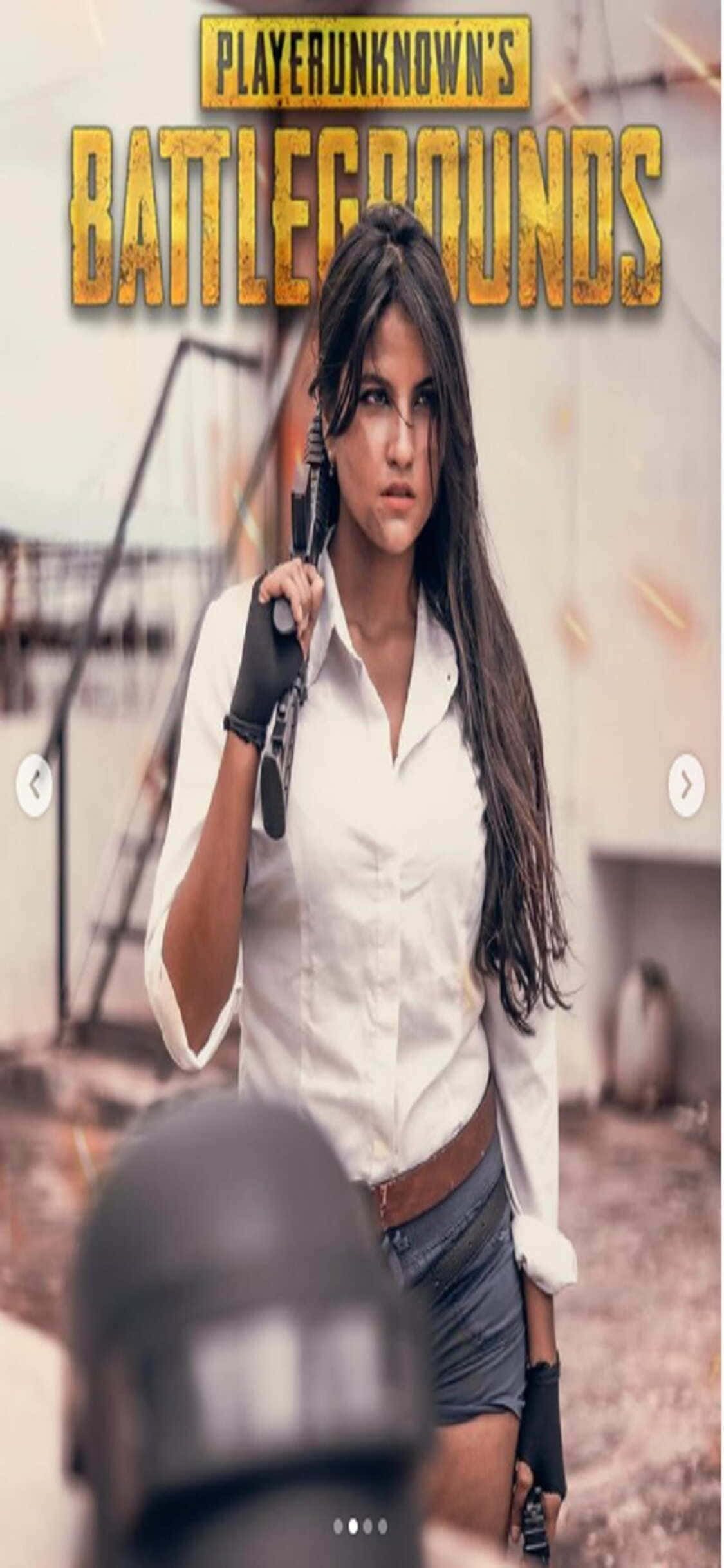 穿短褲持槍的女子站在PUBG海報前 壁紙 — 一名身穿白襯衫和手套的兇猛女兵，在戰火摧殘的城市環境中手持手槍，上方有PUBG標誌。