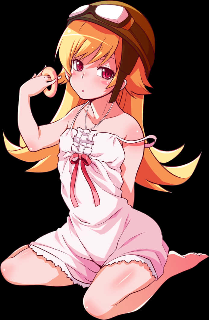 穿粉紅服裝戴眼鏡的動漫少女 壁紙 — 橙色頭髮紅色眼睛的動漫女孩，穿著粉紅色睡衣跪著，在黑色背景前拿著手機。