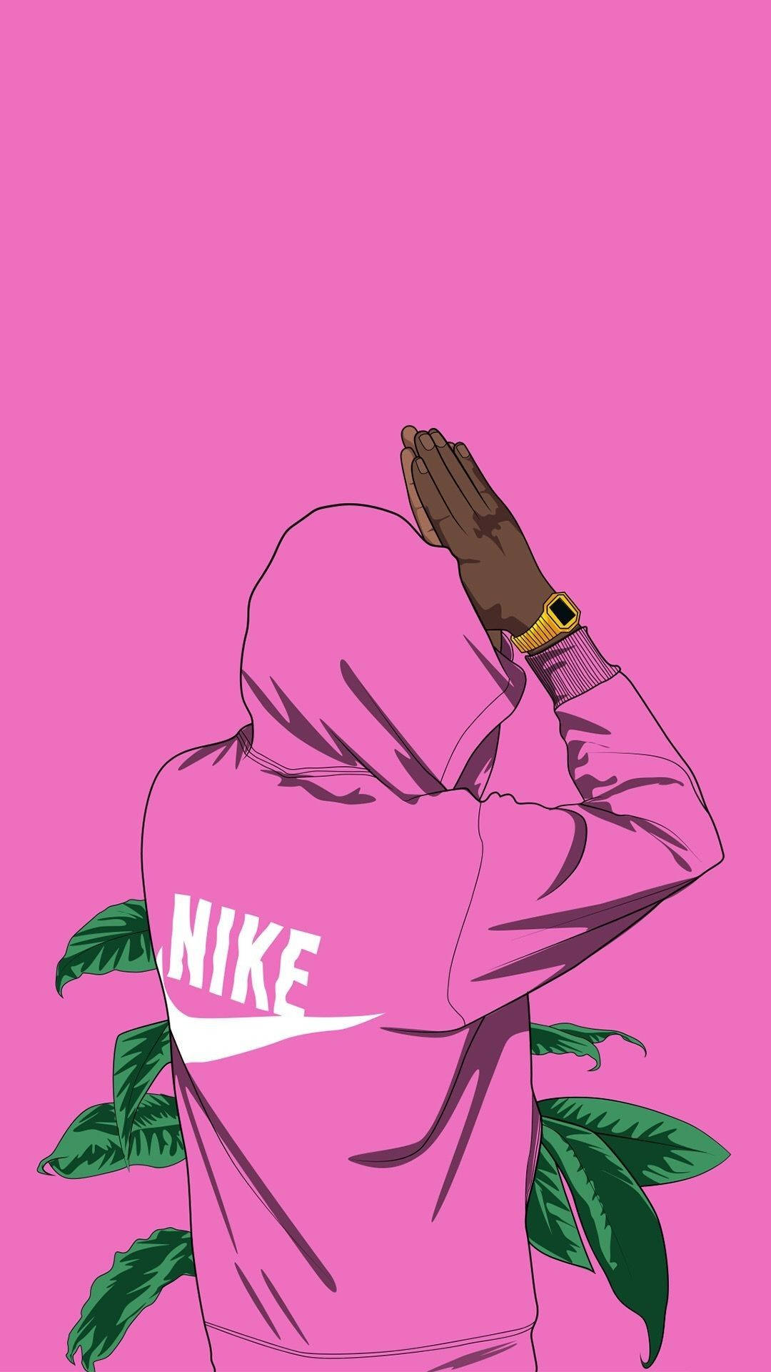 穿著粉紅色Nike連帽衛衣的人，雙手放在腦後，被綠色葉子環繞。