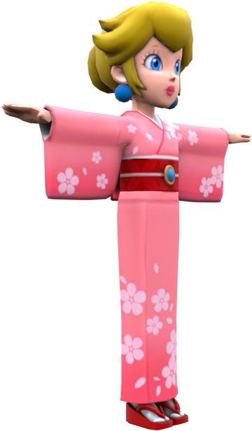 穿粉色和服的動畫角色 壁紙 — 一位3D渲染的公主，身穿粉紅色花卉和服，戴著藍色耳環和紅色涼鞋，雙臂伸展，站在黑色背景前。