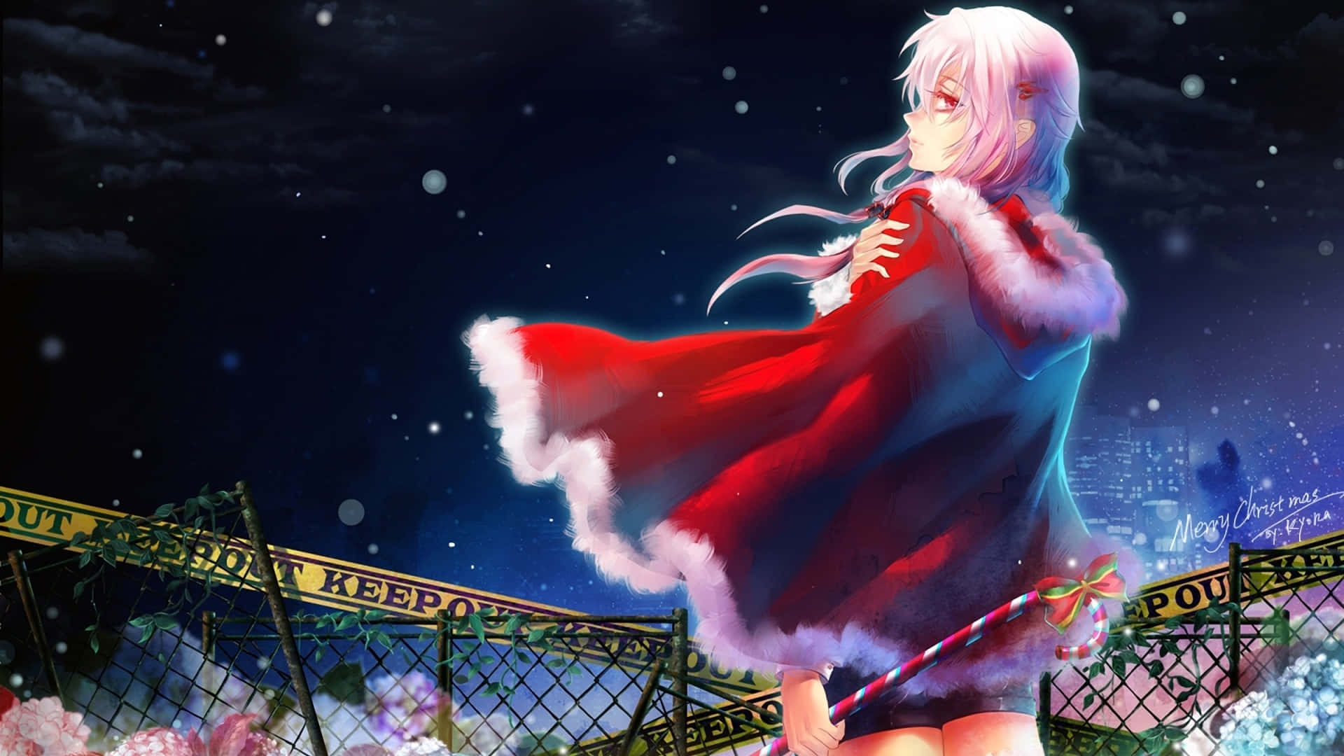粉紅色頭髮的動漫女孩穿著紅色聖誕老人外套，站在圍欄上，背景是雪夜天空。