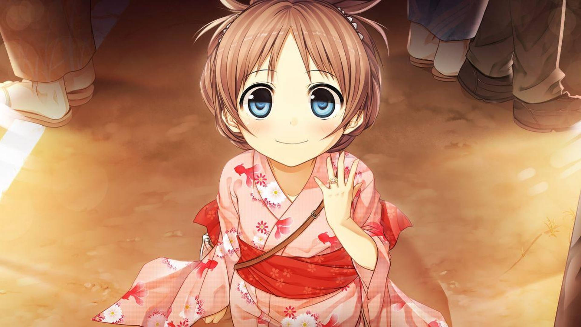 穿著粉紅色花卉和服的動畫女孩在室內高興地揮手。