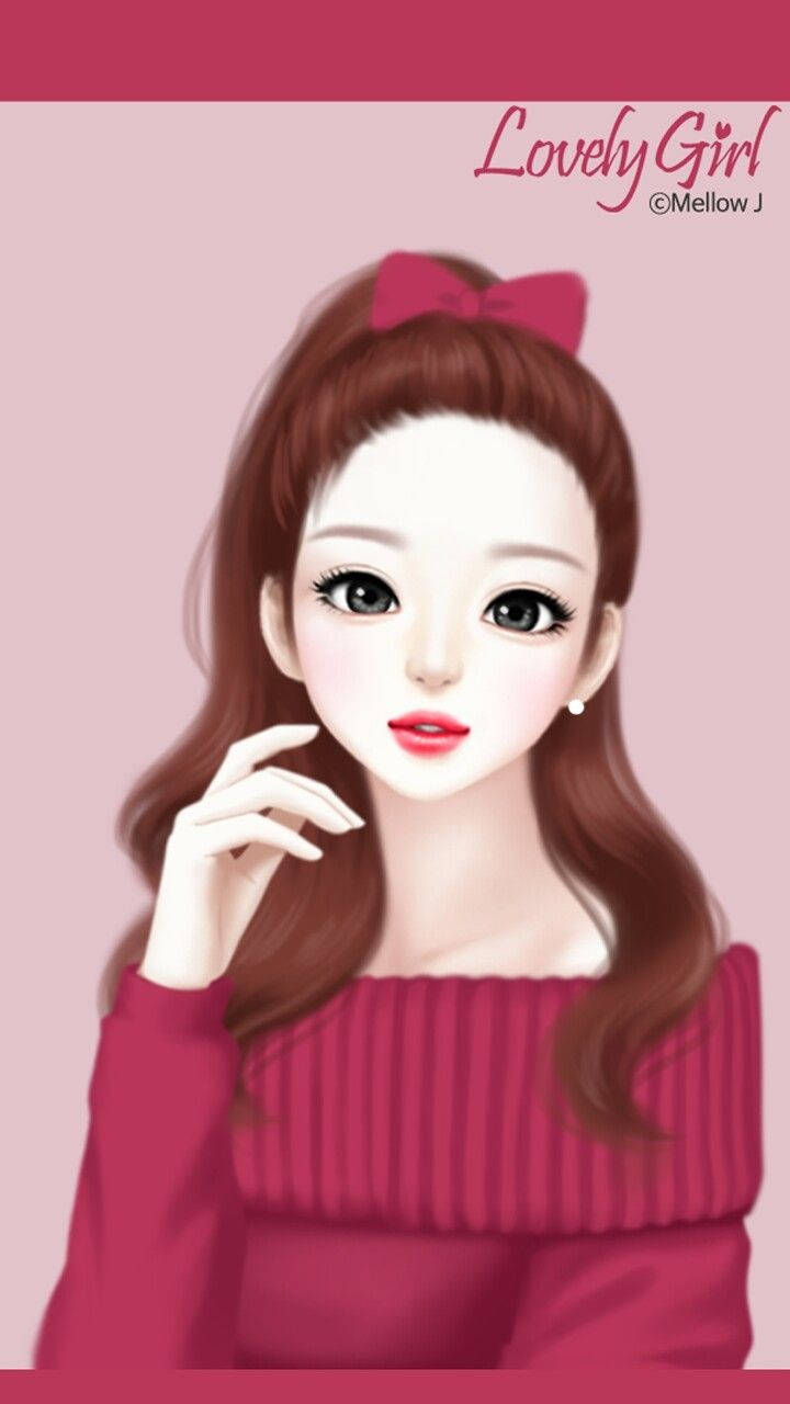 棕色頭髮、粉紅色蝴蝶結的動漫女孩穿著粉紅色毛衣