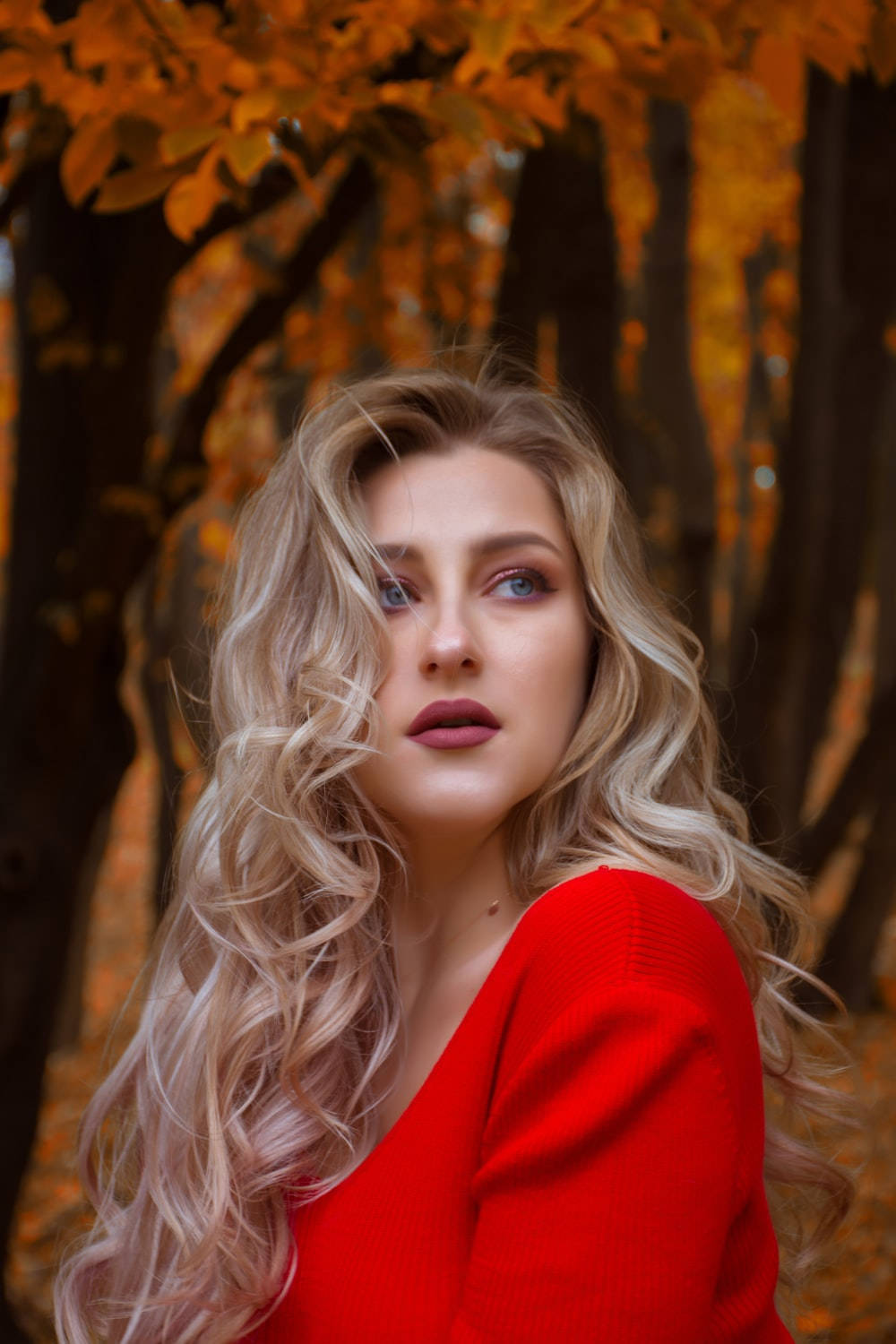 穿紅色禮服的金髮女性 壁紙 — 一位身穿紅色毛衣的女性站在金黃色的秋樹之間，柔和的光線穿過樹葉灑落下來。