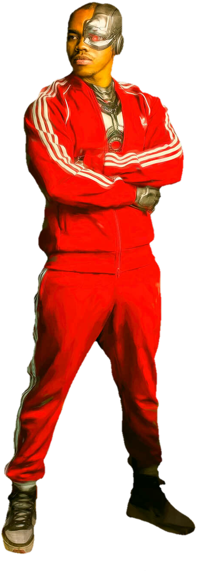 穿紅色運動服的機械人 壁紙 — 一個穿著紅色運動服的男人自信地交叉雙臂站在黑色背景前，他的半張臉被金屬機械裝置取代。