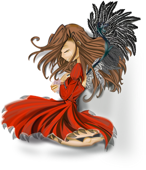 穿紅衣的女孩與藍色龍 壁紙