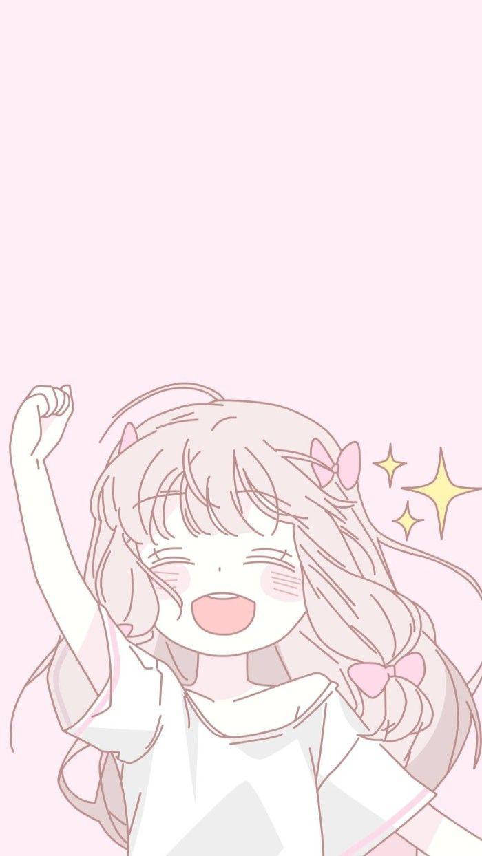 穿素色襯衫的可愛動漫女孩 壁紙 — 一個開心的動漫女孩，粉紅色頭髮和蝴蝶結，在柔和的粉紅色背景上舉起拳頭，周圍有閃爍的星星。